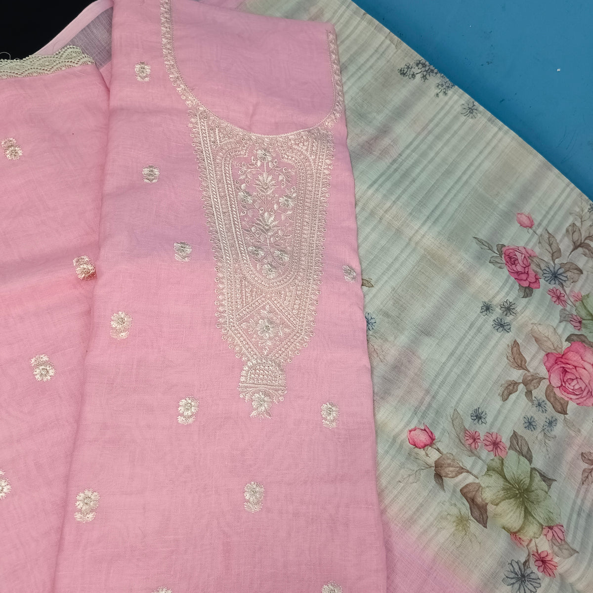 Pink Cotton linen neck embroidery Pastel edits Unstitched suits PA25040