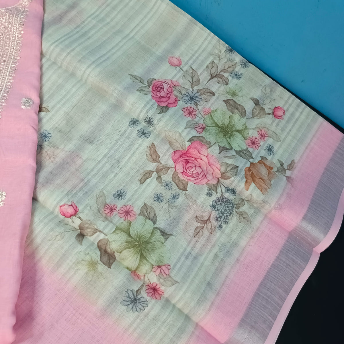 Pink Cotton linen neck embroidery Pastel edits Unstitched suits PA25040