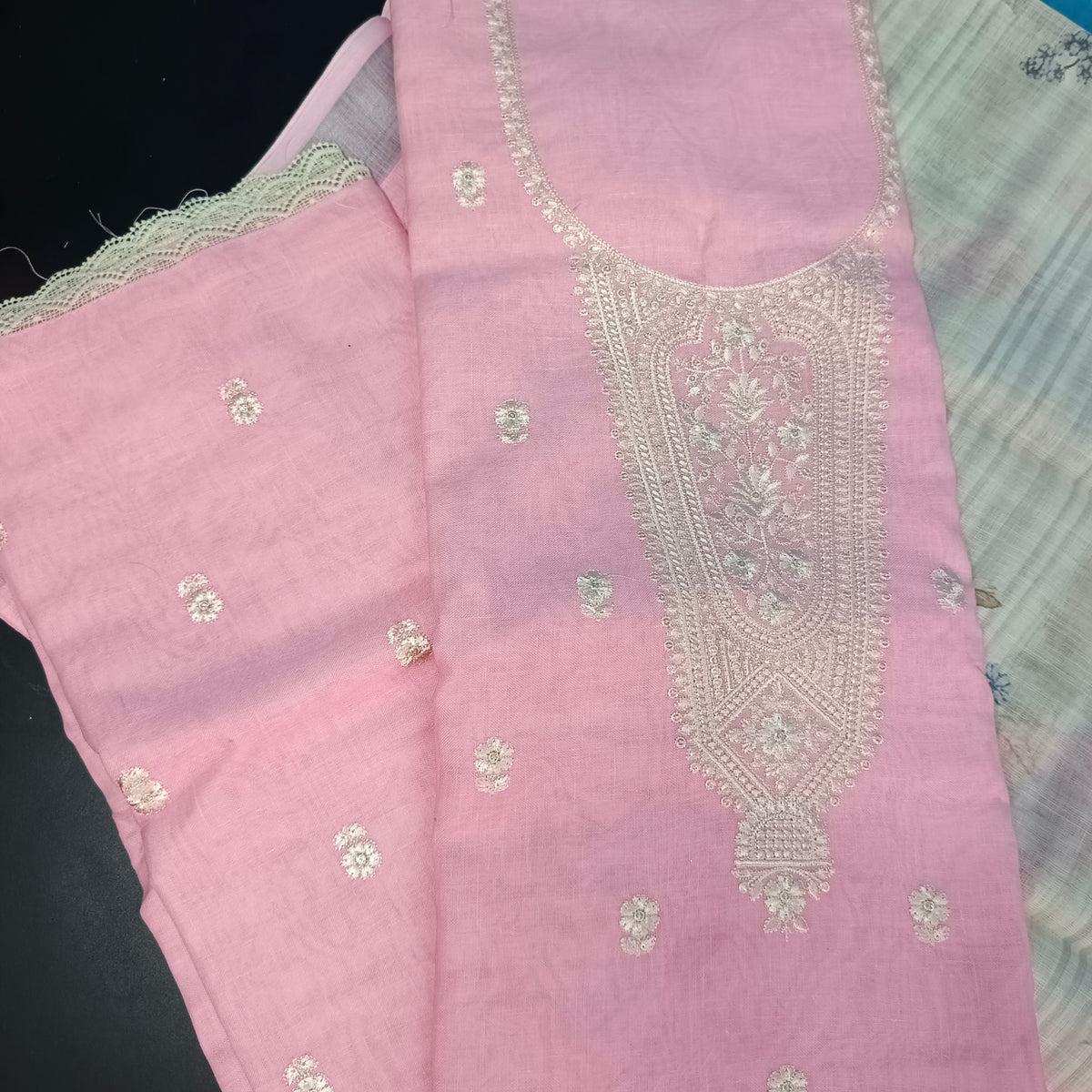 Pink Cotton linen neck embroidery Pastel edits Unstitched suits PA25040