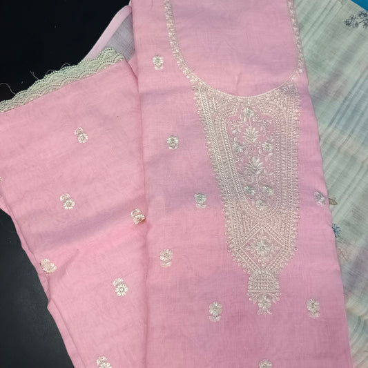 Pink Cotton linen neck embroidery Pastel edits Unstitched suits PA25040