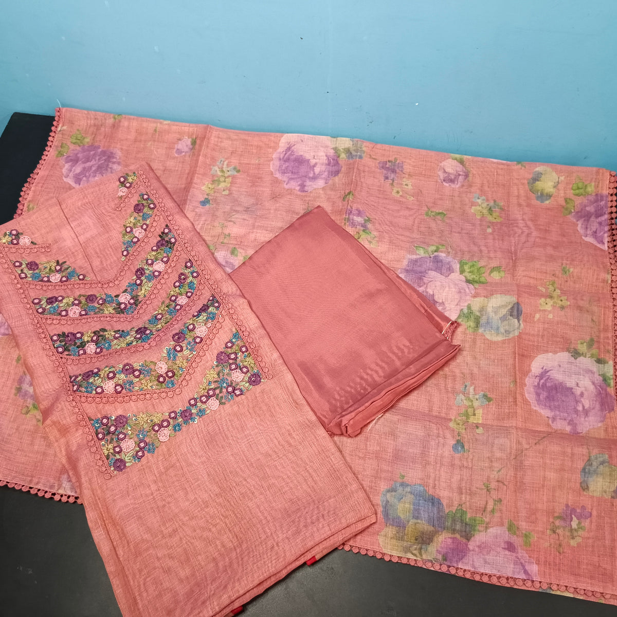 Peach Vegan tissue linen with neck work unstitched suits PA25049