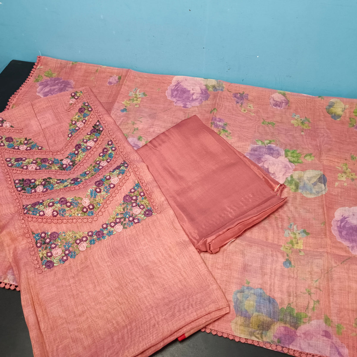 Peach Vegan tissue linen with neck work unstitched suits PA25049