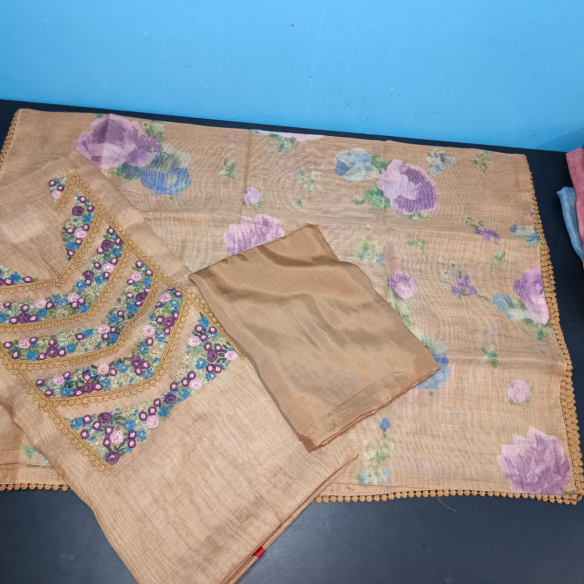 Mustard Vegan tissue linen with neck work unstitched suits PA25050