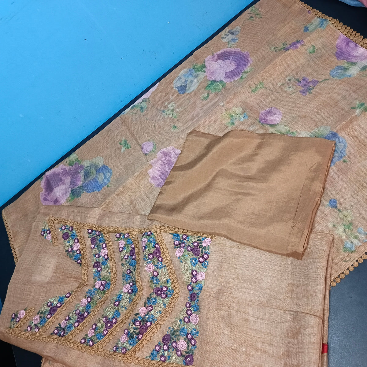 Mustard Vegan tissue linen with neck work unstitched suits PA25050