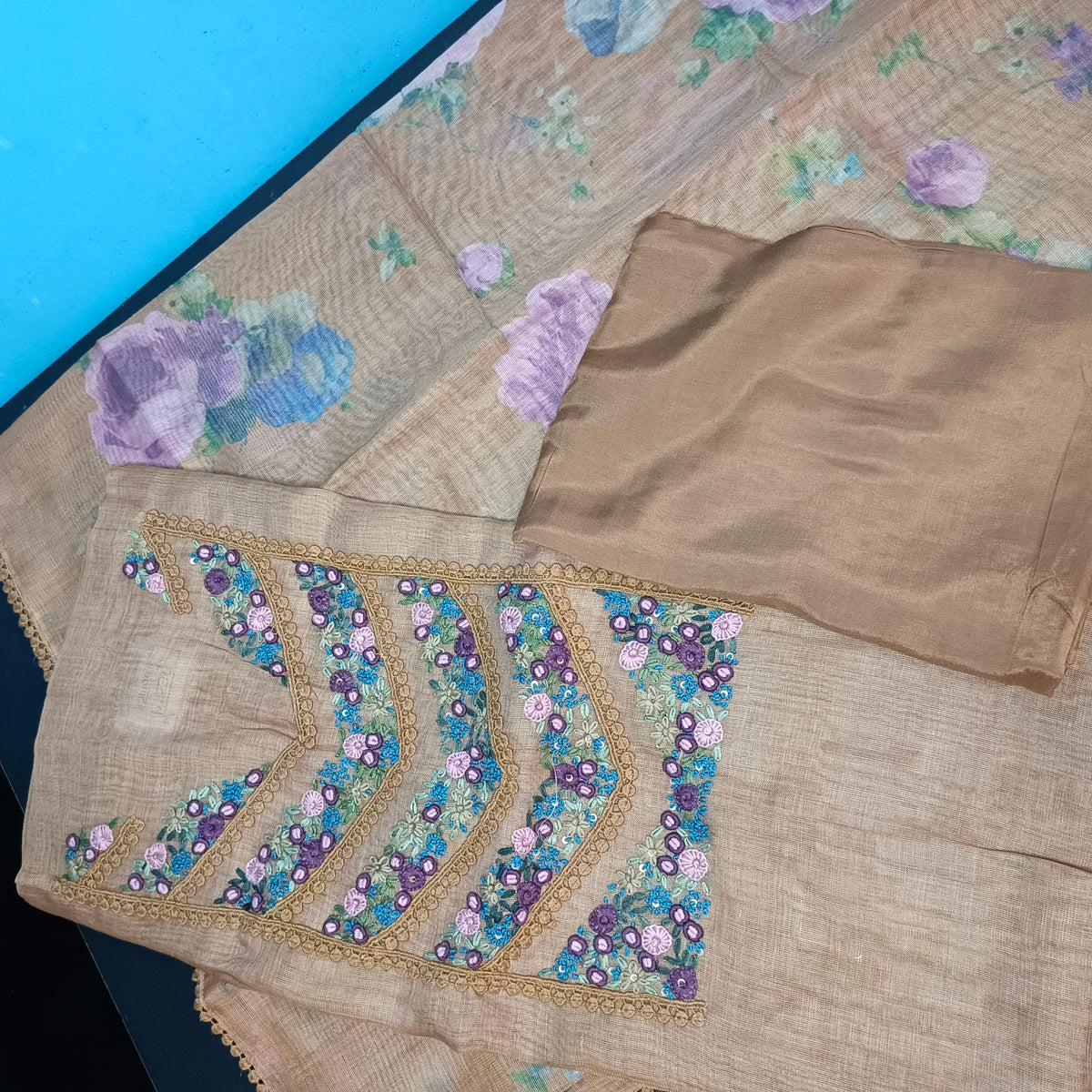 Mustard Vegan tissue linen with neck work unstitched suits PA25050