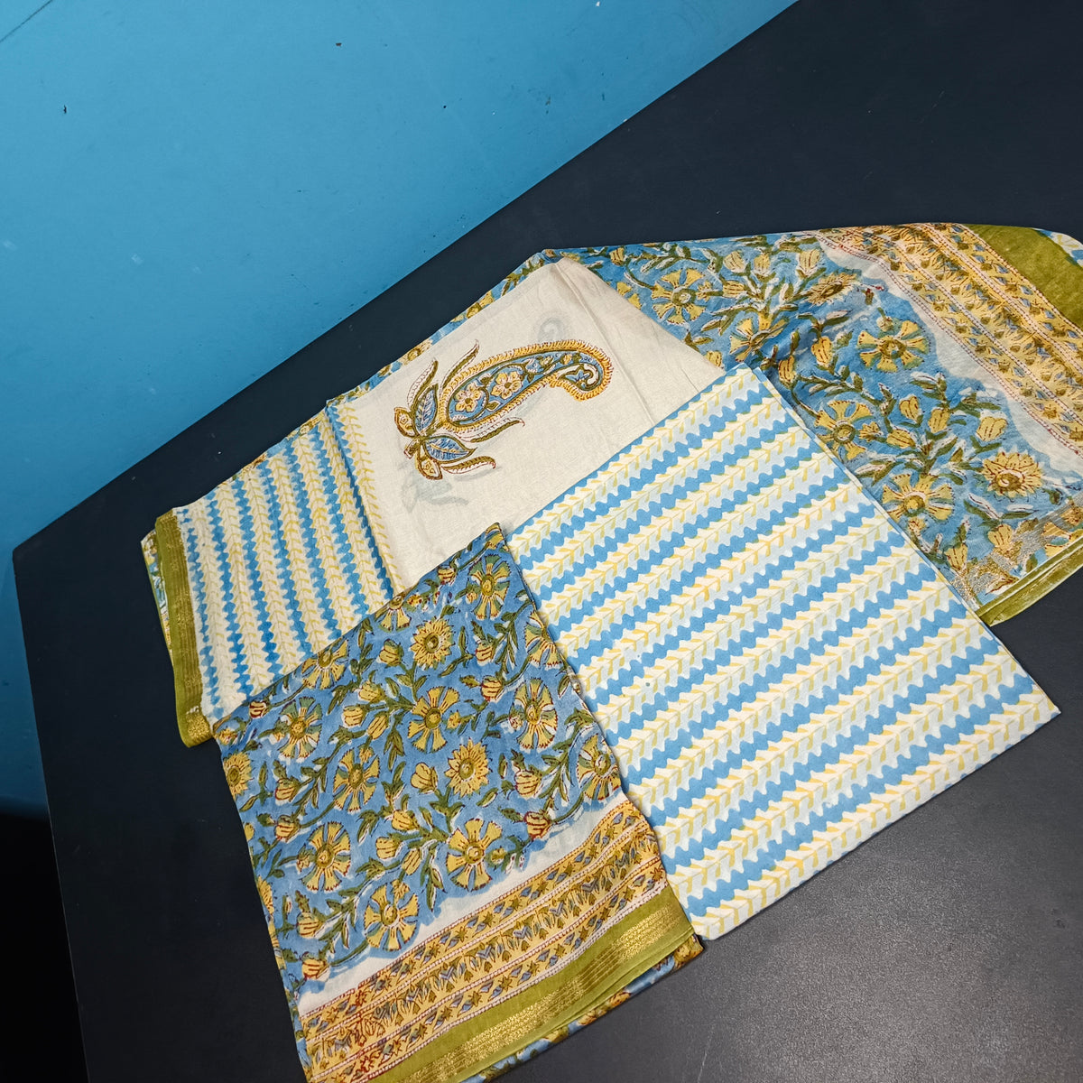 blue green Maheshwari pure block print Unstitched suits PA25057