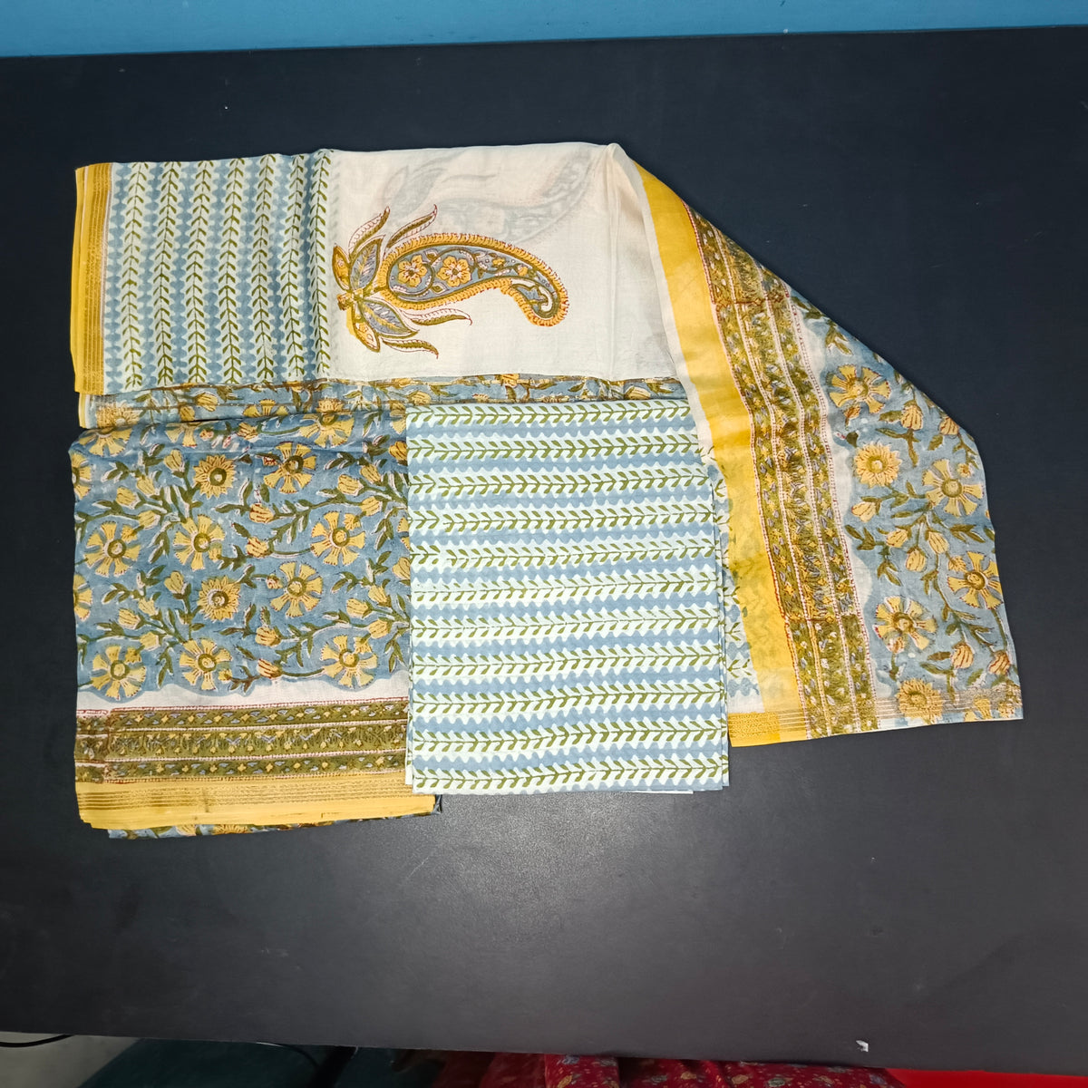blue Yellow Maheshwari pure block print Unstitched suits PA25058