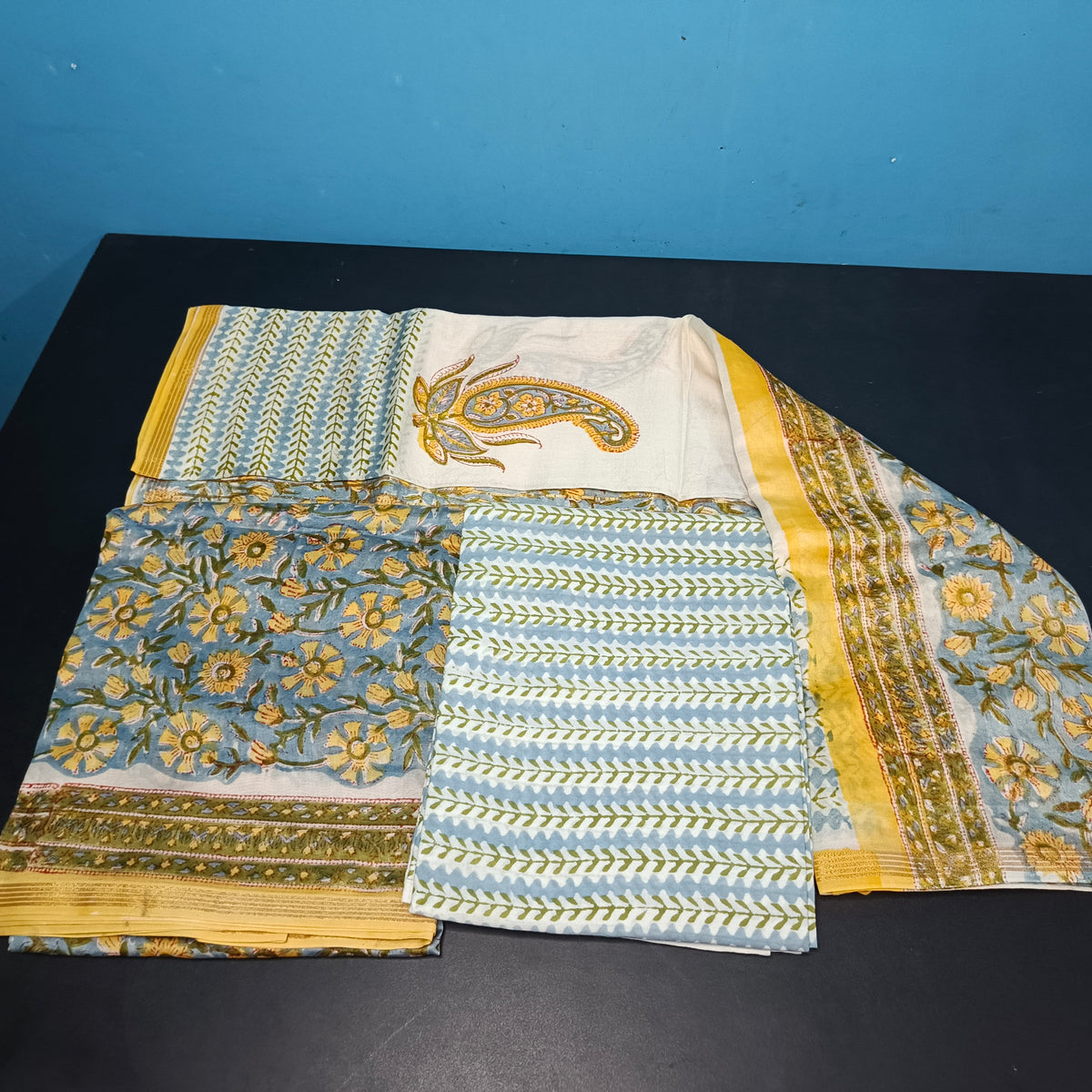 blue Yellow Maheshwari pure block print Unstitched suits PA25058