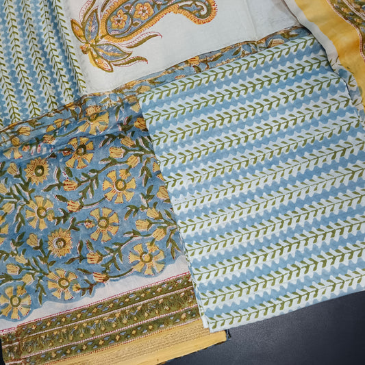 blue Yellow Maheshwari pure block print Unstitched suits PA25058