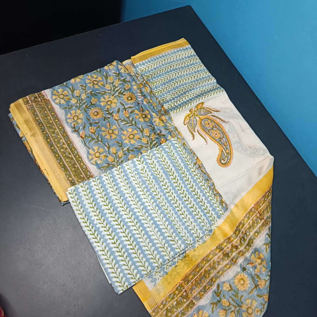blue Yellow Maheshwari pure block print Unstitched suits PA25058