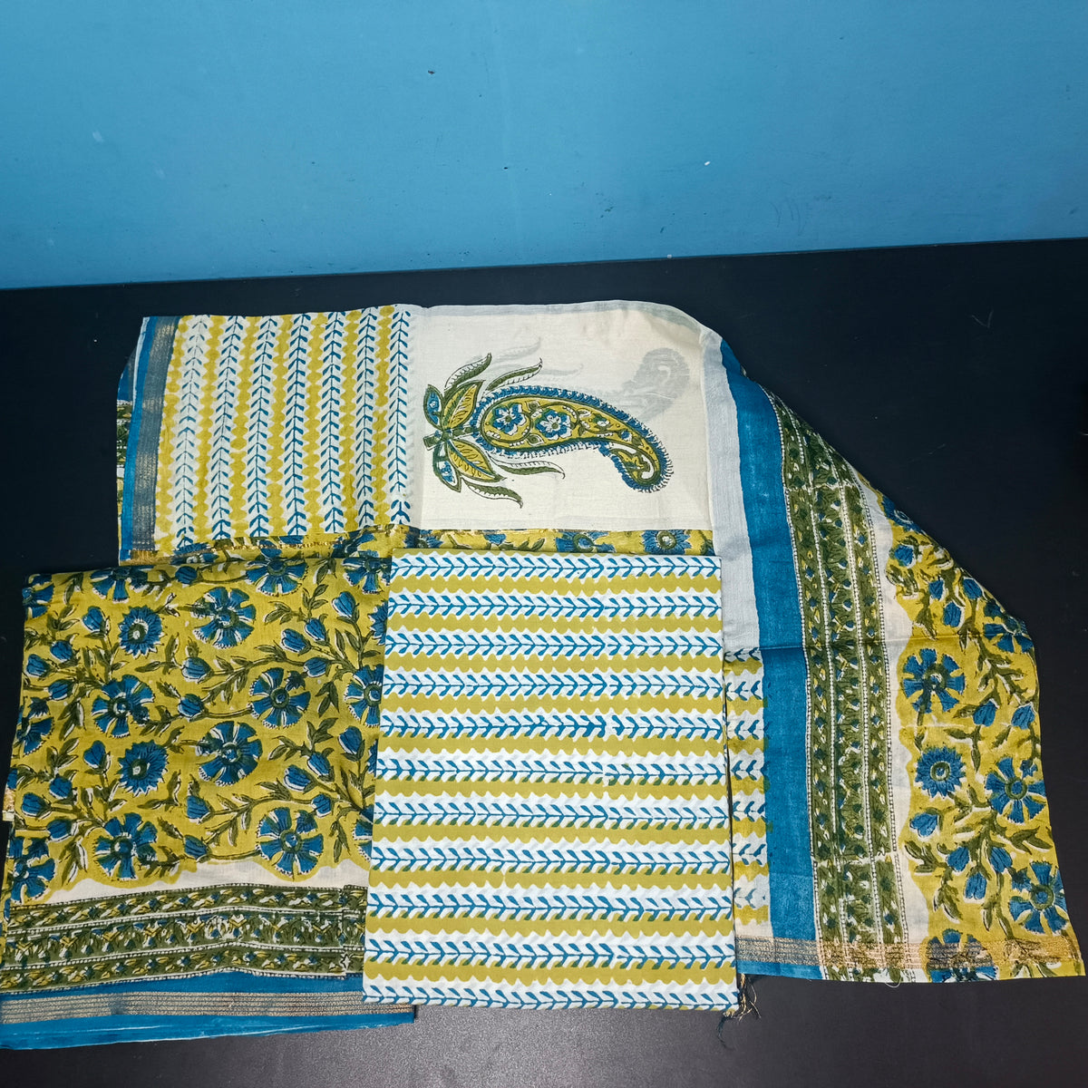 Yellow Blue Maheshwari pure block print Unstitched suits PA25059