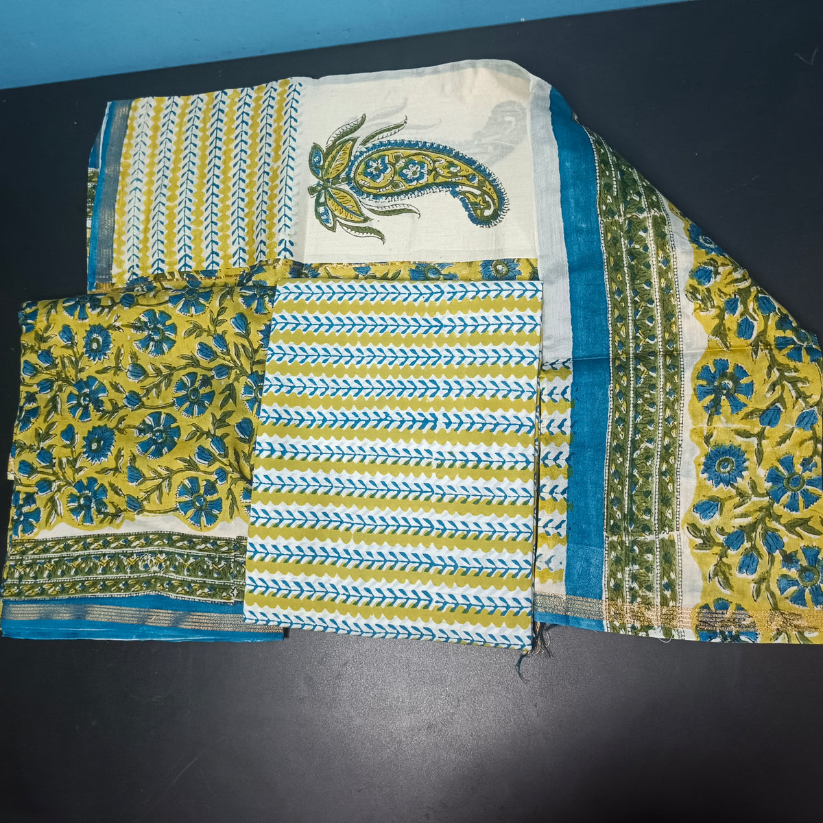 Yellow Blue Maheshwari pure block print Unstitched suits PA25059