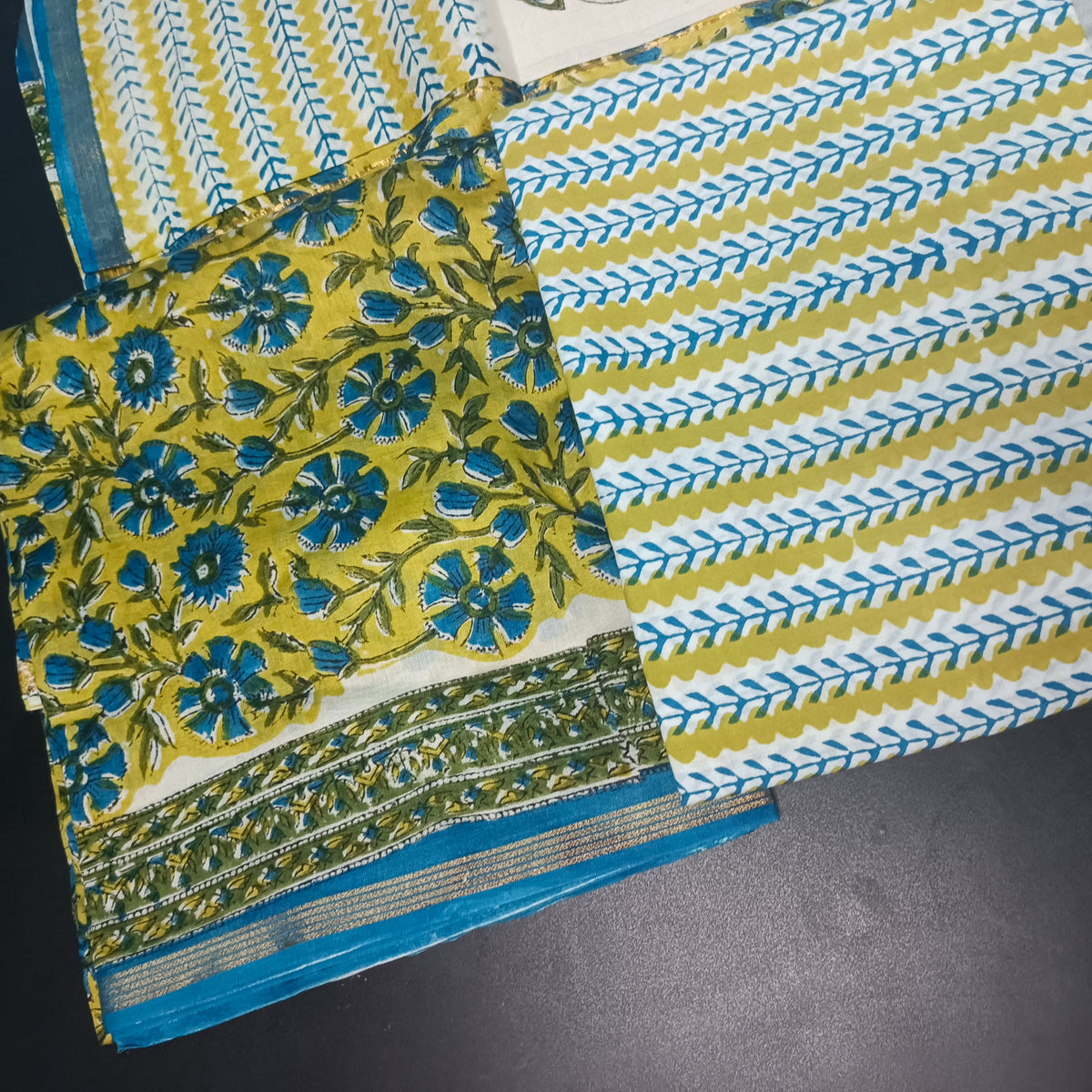 Yellow Blue Maheshwari pure block print Unstitched suits PA25059