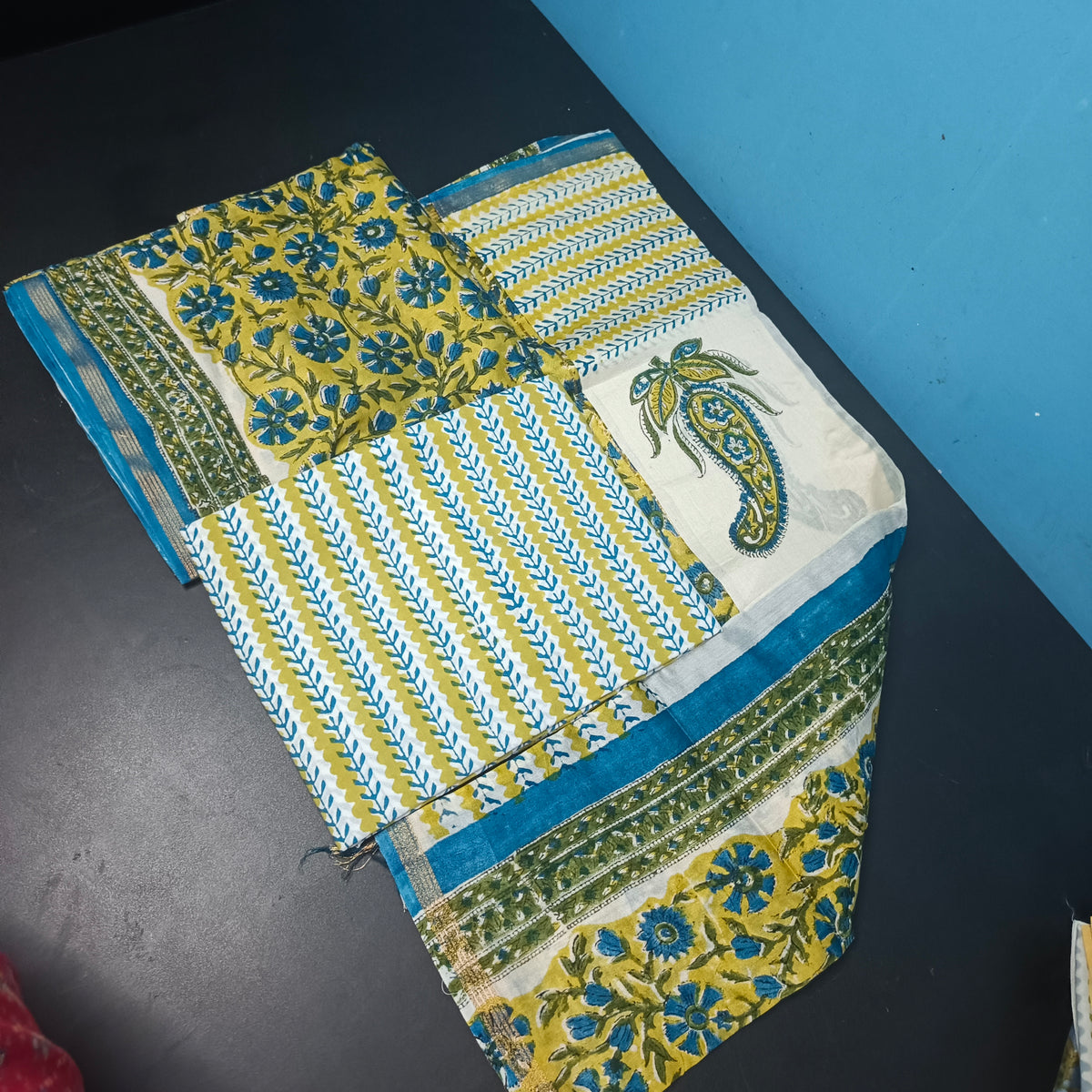 Yellow Blue Maheshwari pure block print Unstitched suits PA25059