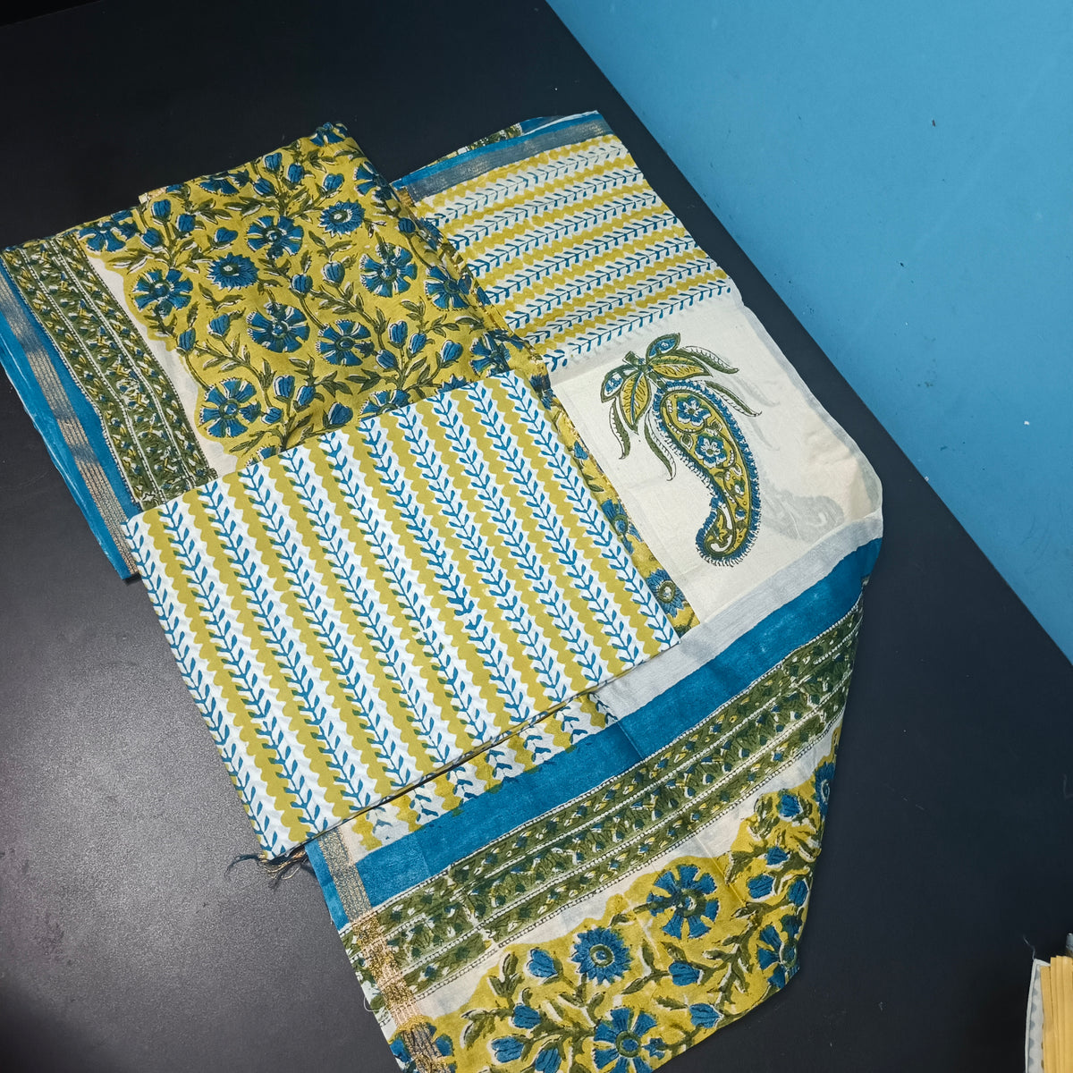 Yellow Blue Maheshwari pure block print Unstitched suits PA25059