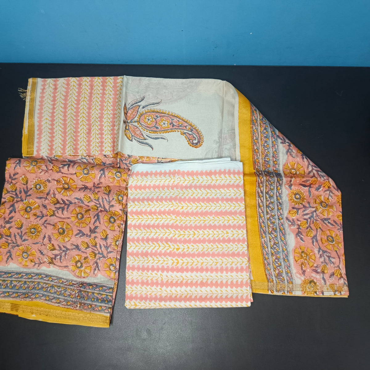 Peach Yellow Maheshwari pure block print Unstitched suits PA25060