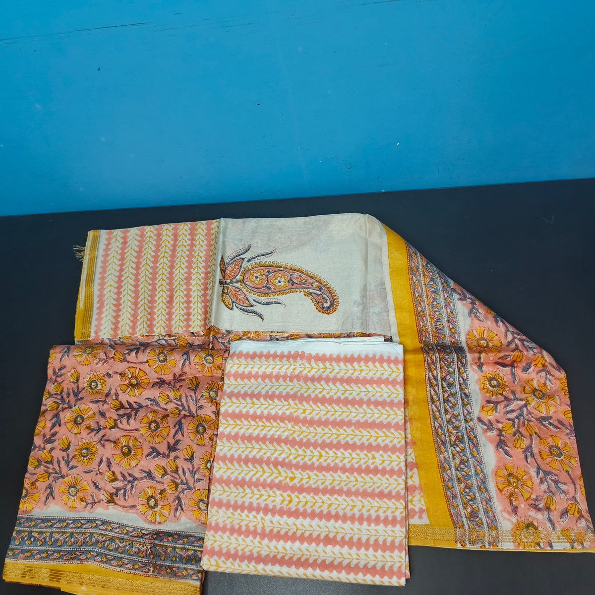 Peach Yellow Maheshwari pure block print Unstitched suits PA25060