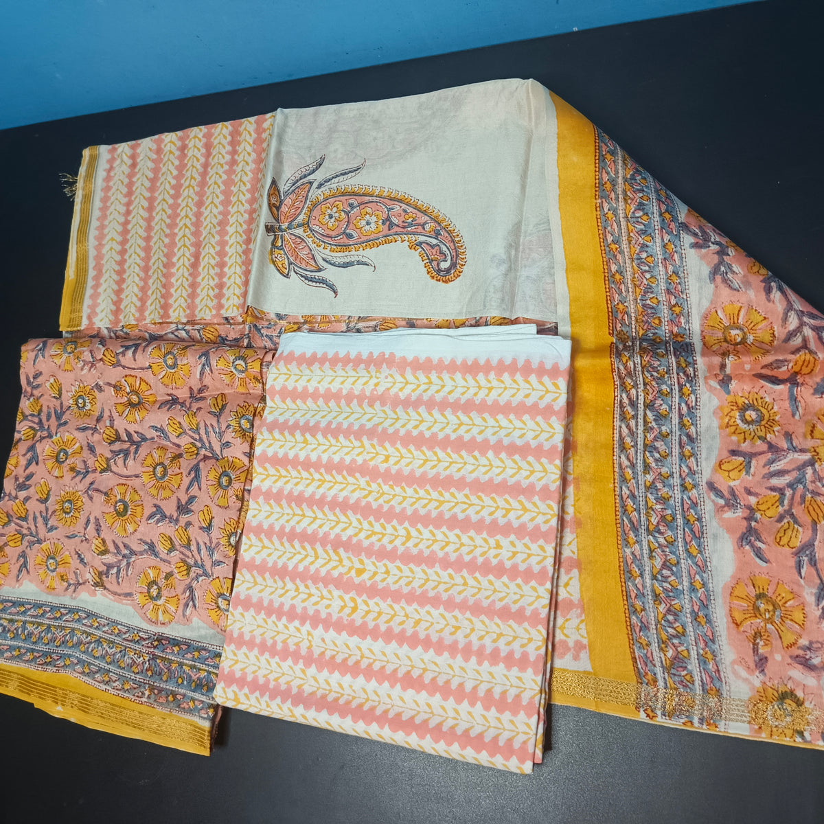 Peach Yellow Maheshwari pure block print Unstitched suits PA25060