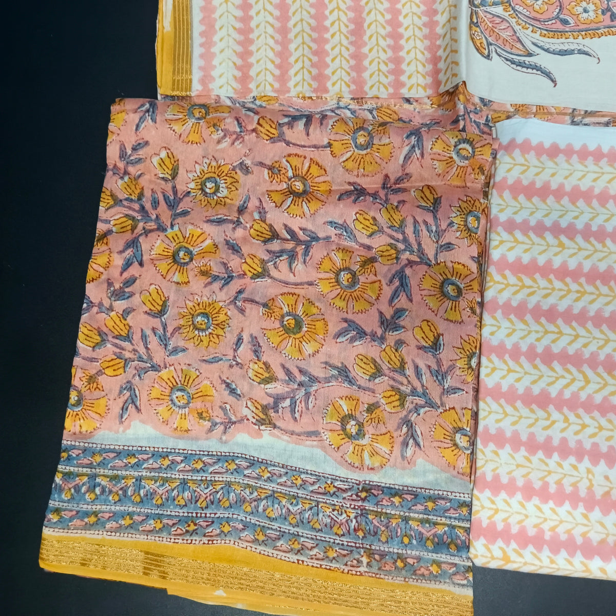 Peach Yellow Maheshwari pure block print Unstitched suits PA25060