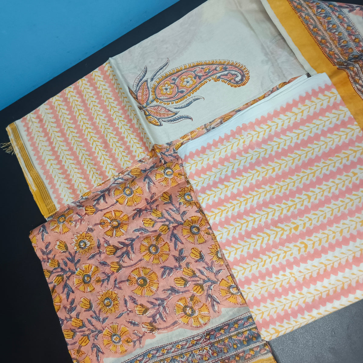Peach Yellow Maheshwari pure block print Unstitched suits PA25060