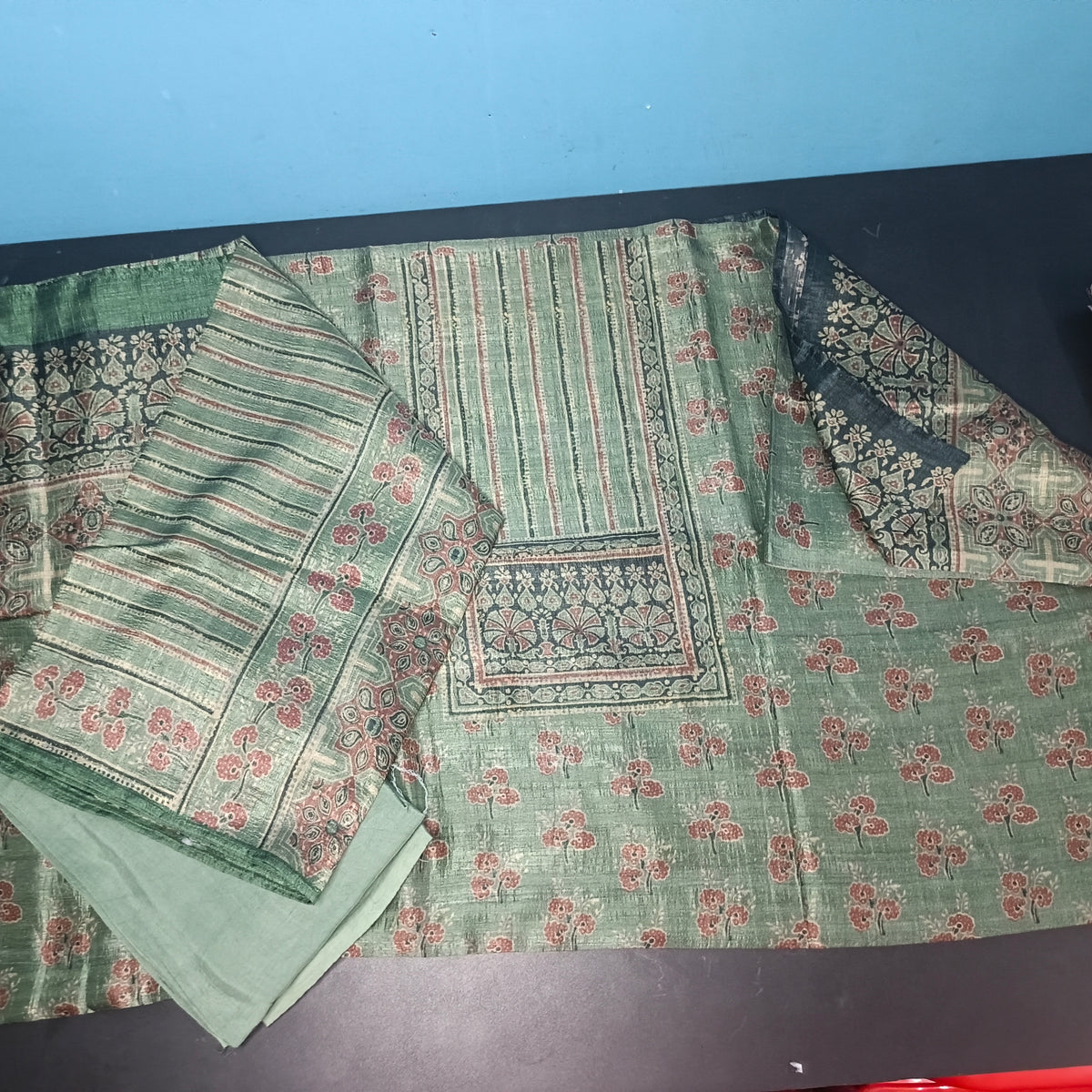 Green Ajrakh Vegan Raw silk unstitched suits PA25063
