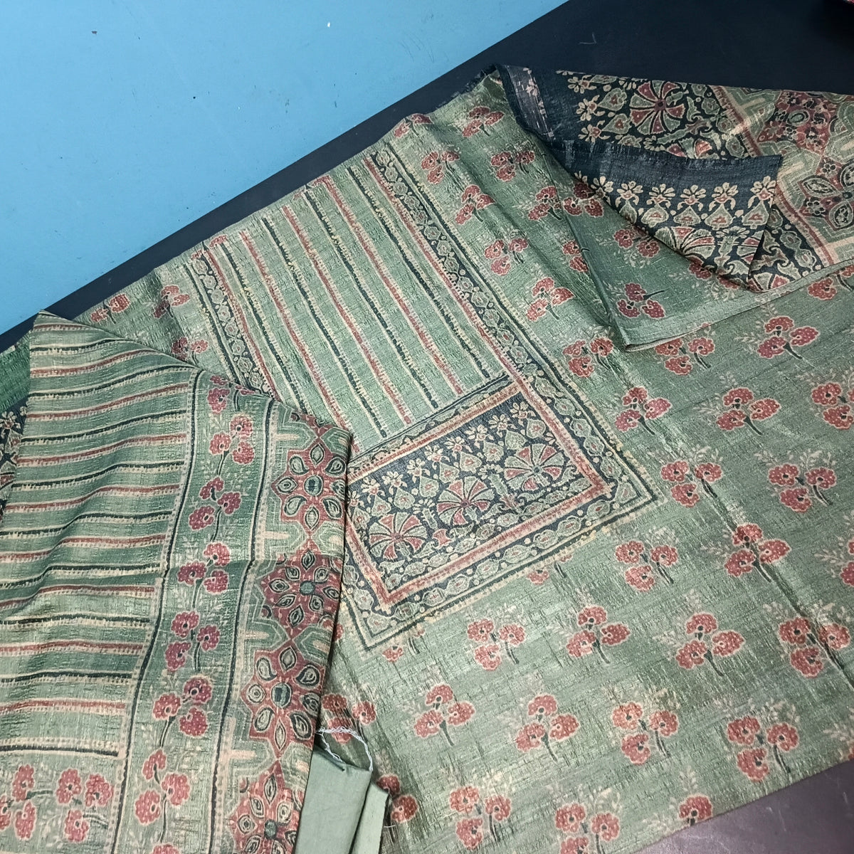 Green Ajrakh Vegan Raw silk unstitched suits PA25063