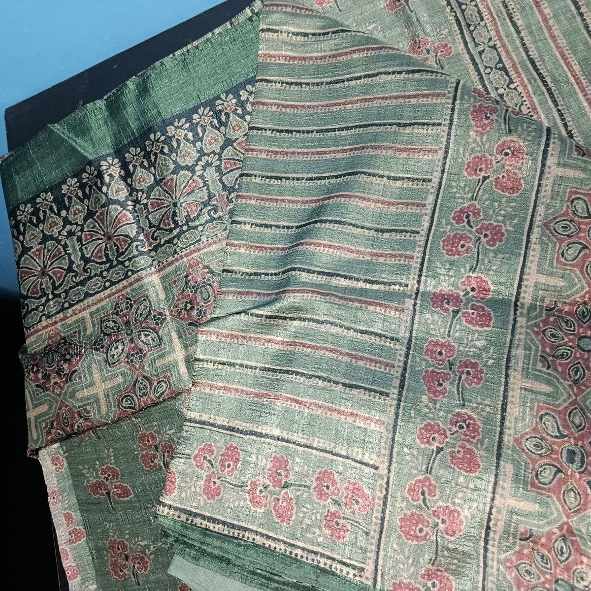 Green Ajrakh Vegan Raw silk unstitched suits PA25063