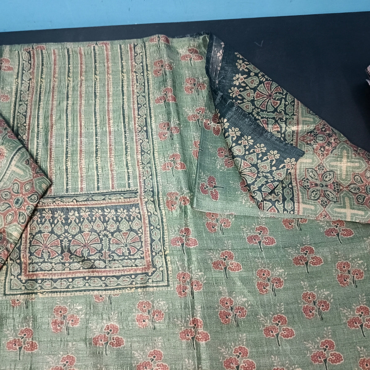 Green Ajrakh Vegan Raw silk unstitched suits PA25063