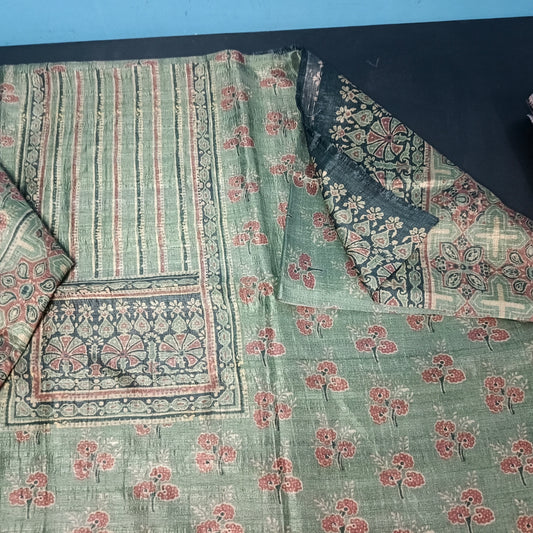 Green Ajrakh Vegan Raw silk unstitched suits PA25063
