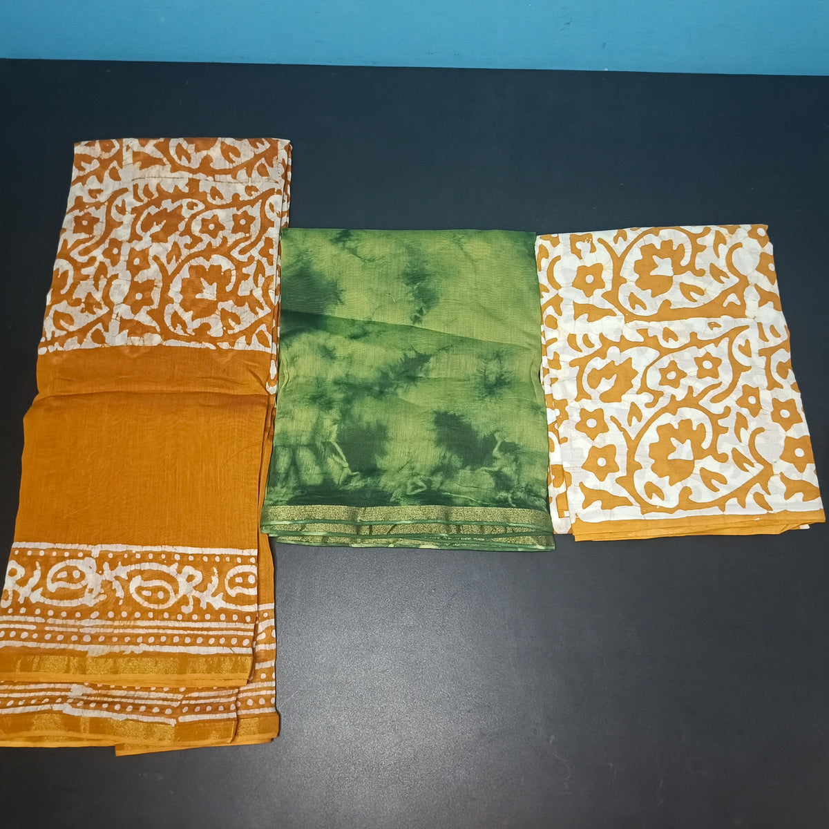 green Chanderi shibori and batik print Unstitched suits PA25070