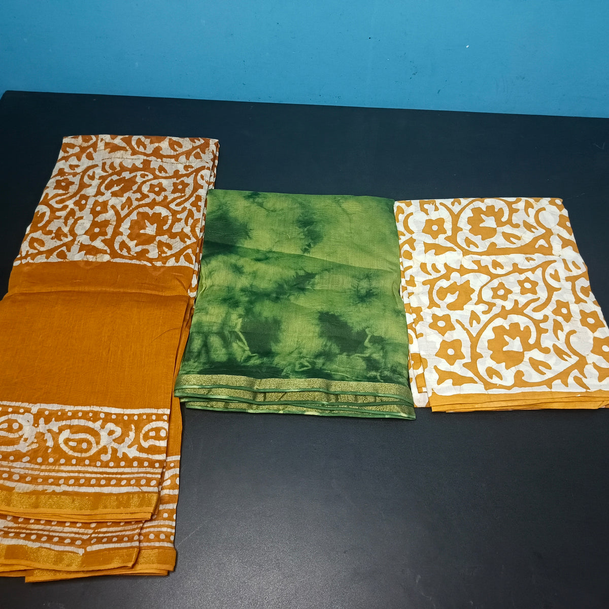 green Chanderi shibori and batik print Unstitched suits PA25070