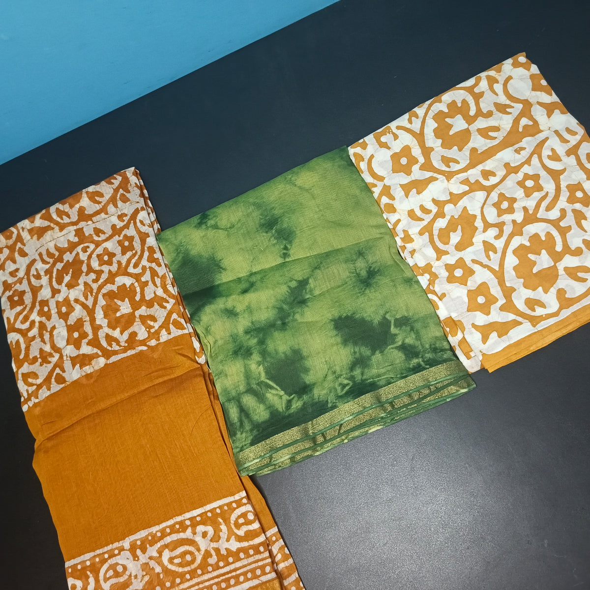 green Chanderi shibori and batik print Unstitched suits PA25070