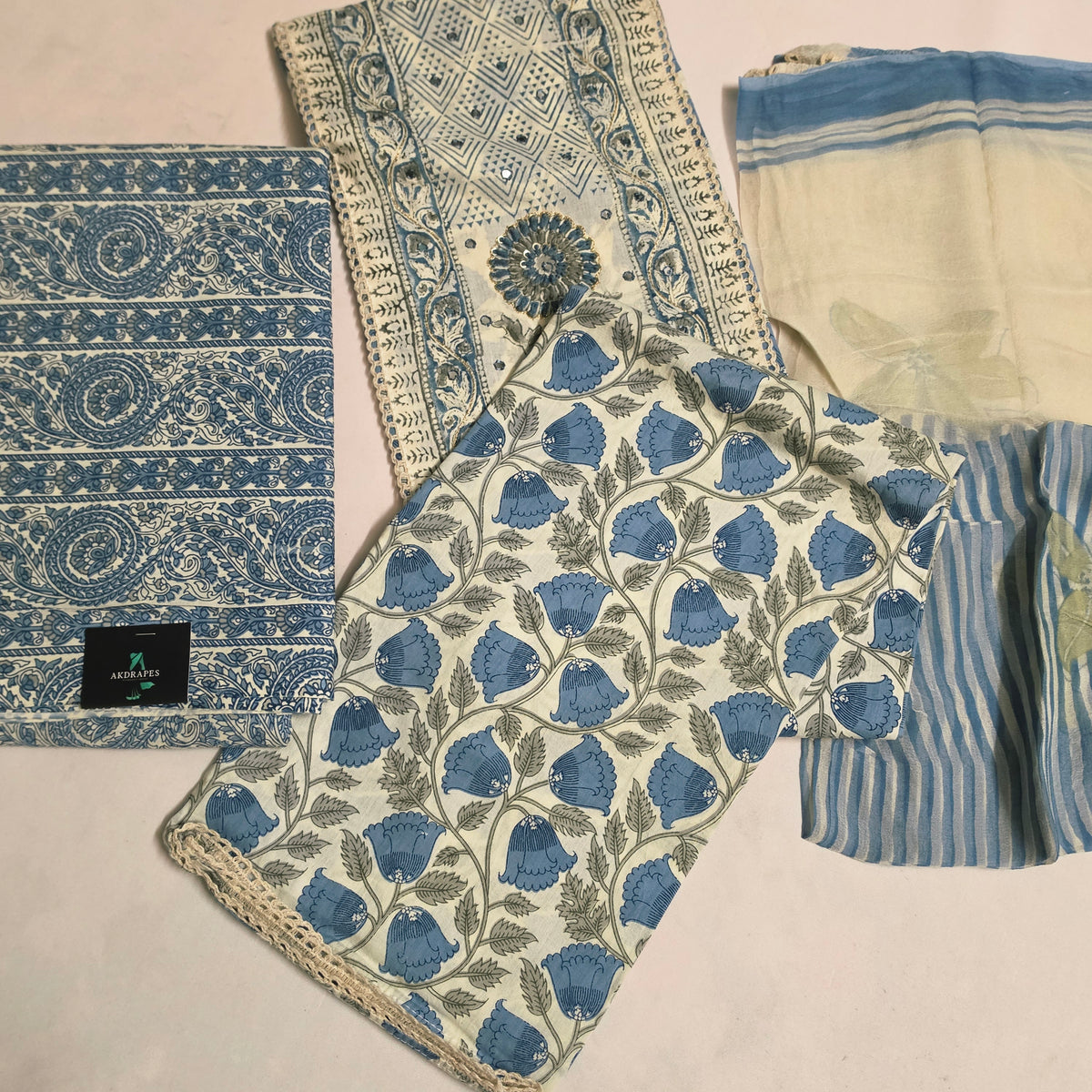 Blue white vegan pure cotton top with neck patch unstitched suit PA25034