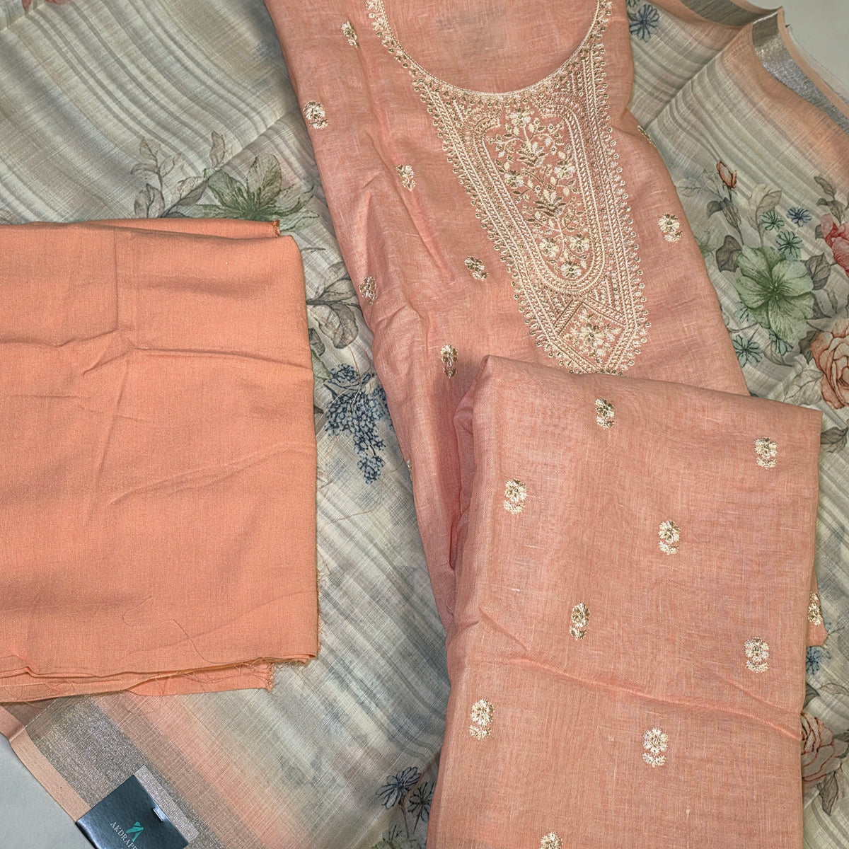 Orange Cotton linen neck embroidery Pastel edits Unstitched suits PA25038