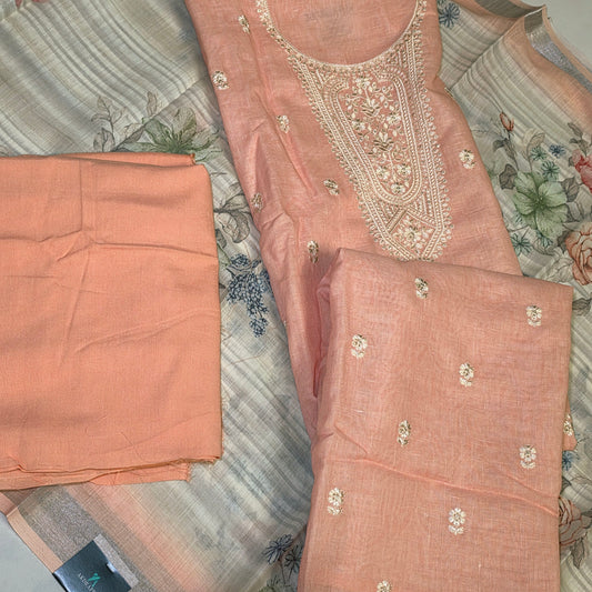 Orange Cotton linen neck embroidery Pastel edits Unstitched suits PA25038