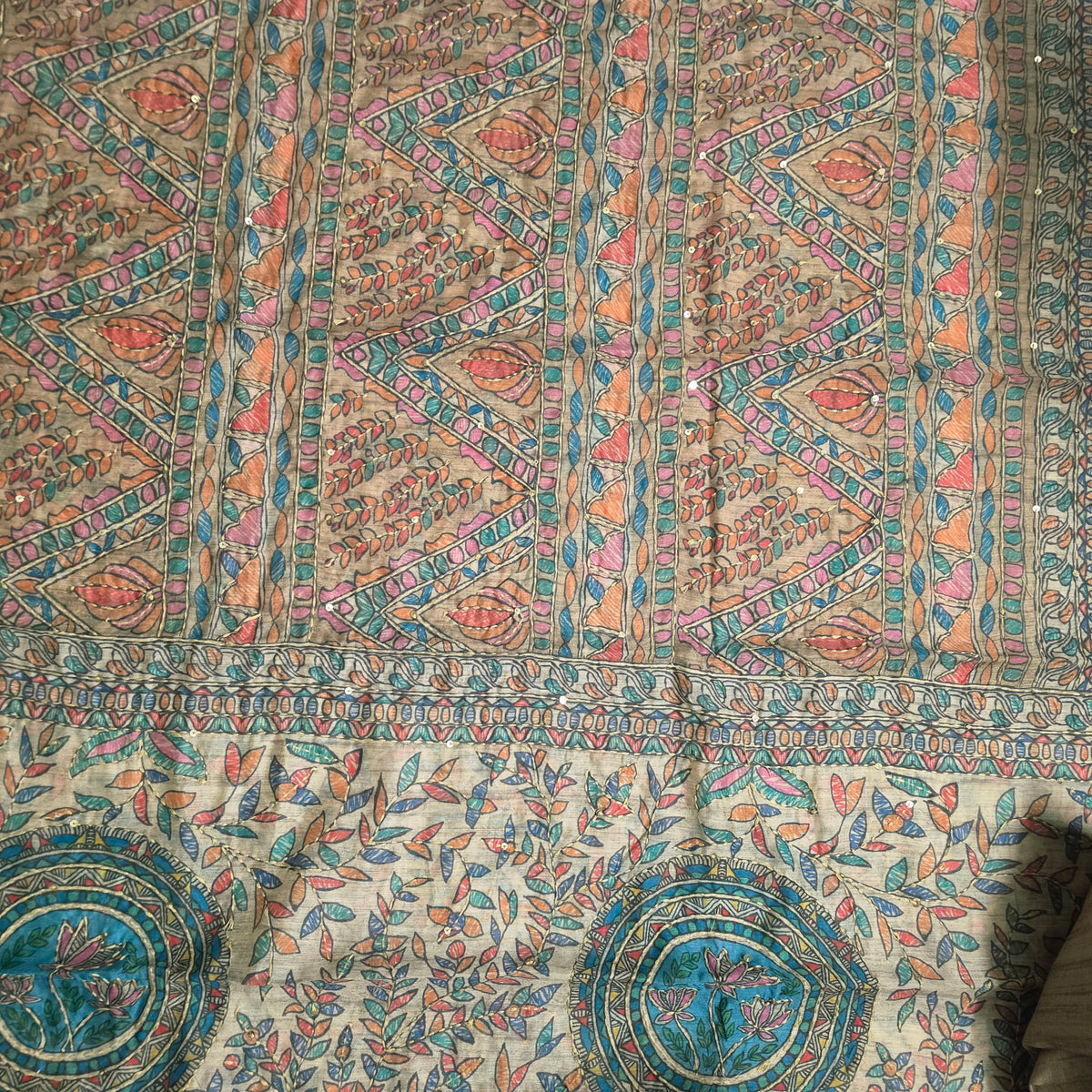 Beige Chanderi digital Tie Kantha with heavy madhubani print Kantha dupatta PA25024