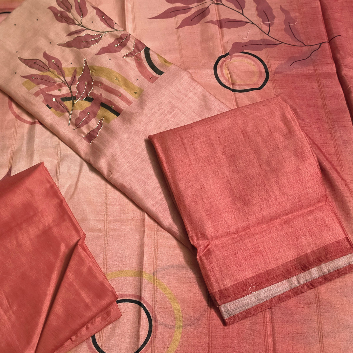 Peach Tissue Embroidered neck Salwar Suit Set with Digital Dupatta PA250005