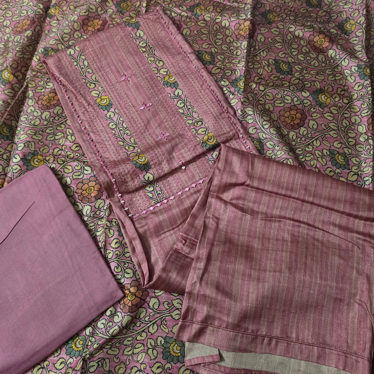 Pink Semi Tussar top Neck patch work mirror hand work digital dupatta PA25006