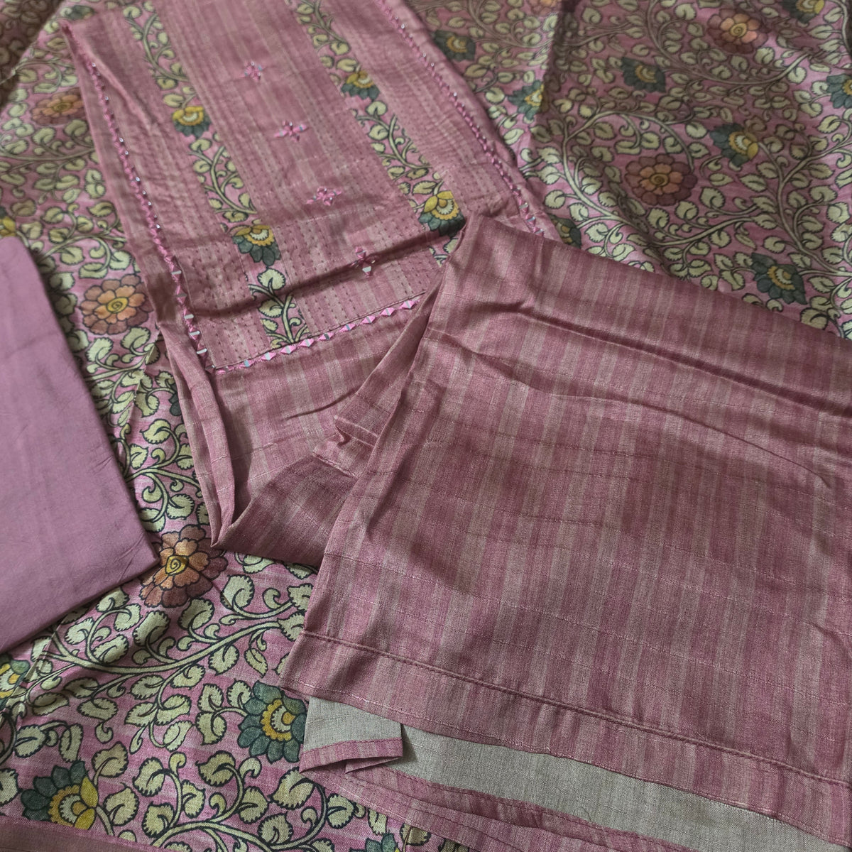 Pink Semi Tussar top Neck patch work mirror hand work digital dupatta PA25006