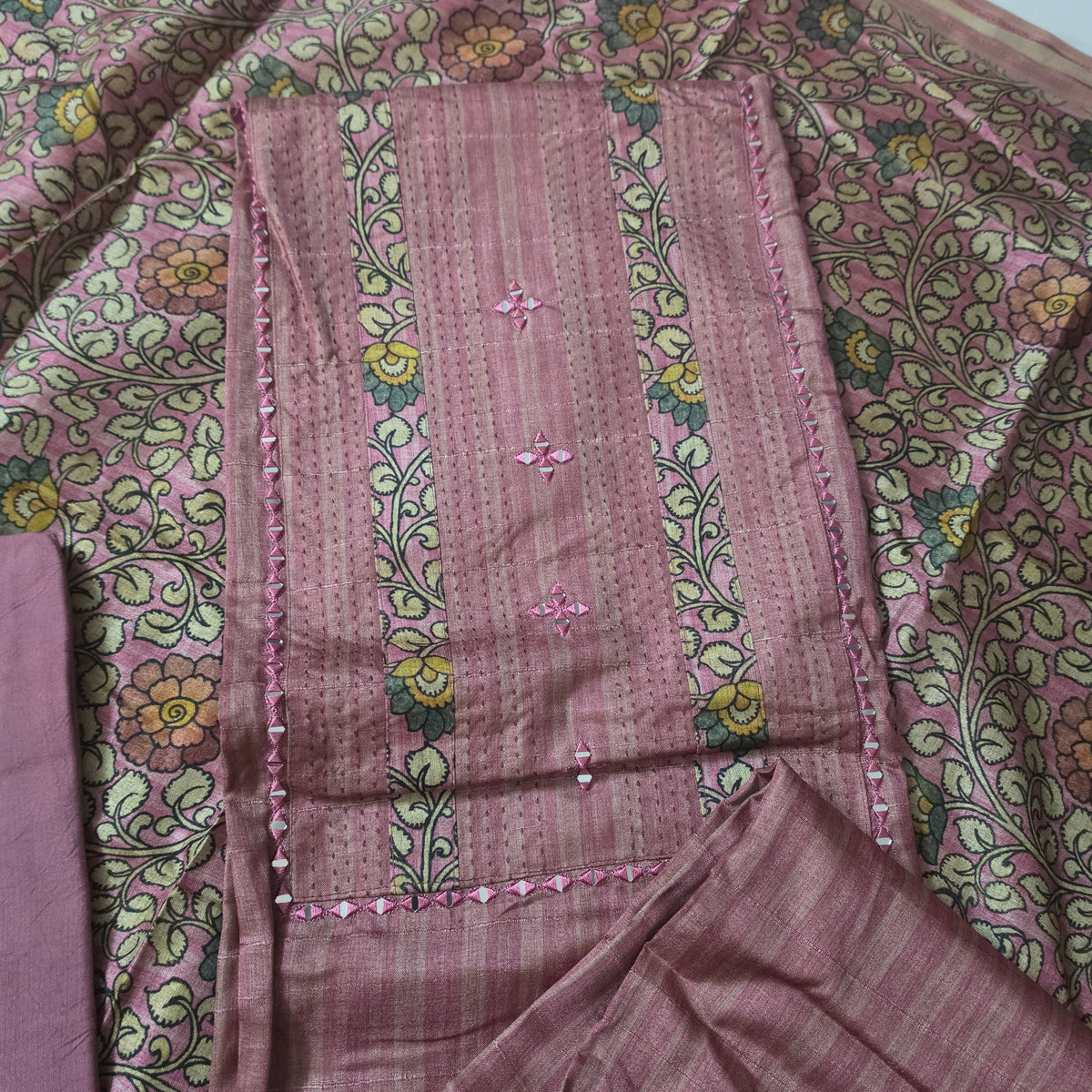 Pink Semi Tussar top Neck patch work mirror hand work digital dupatta PA25006