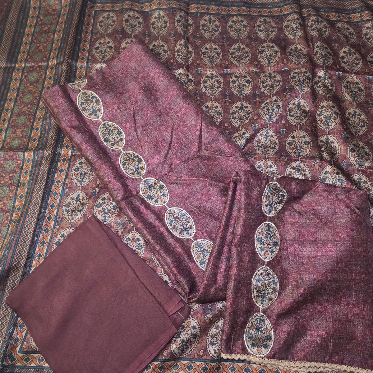 Dark Pink Semi Raw silk side panel applique work with Digital print lace dupatta PA25013