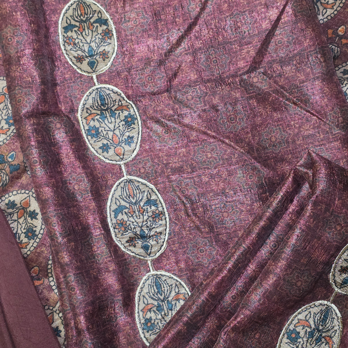 Dark Pink Semi Raw silk side panel applique work with Digital print lace dupatta PA25013