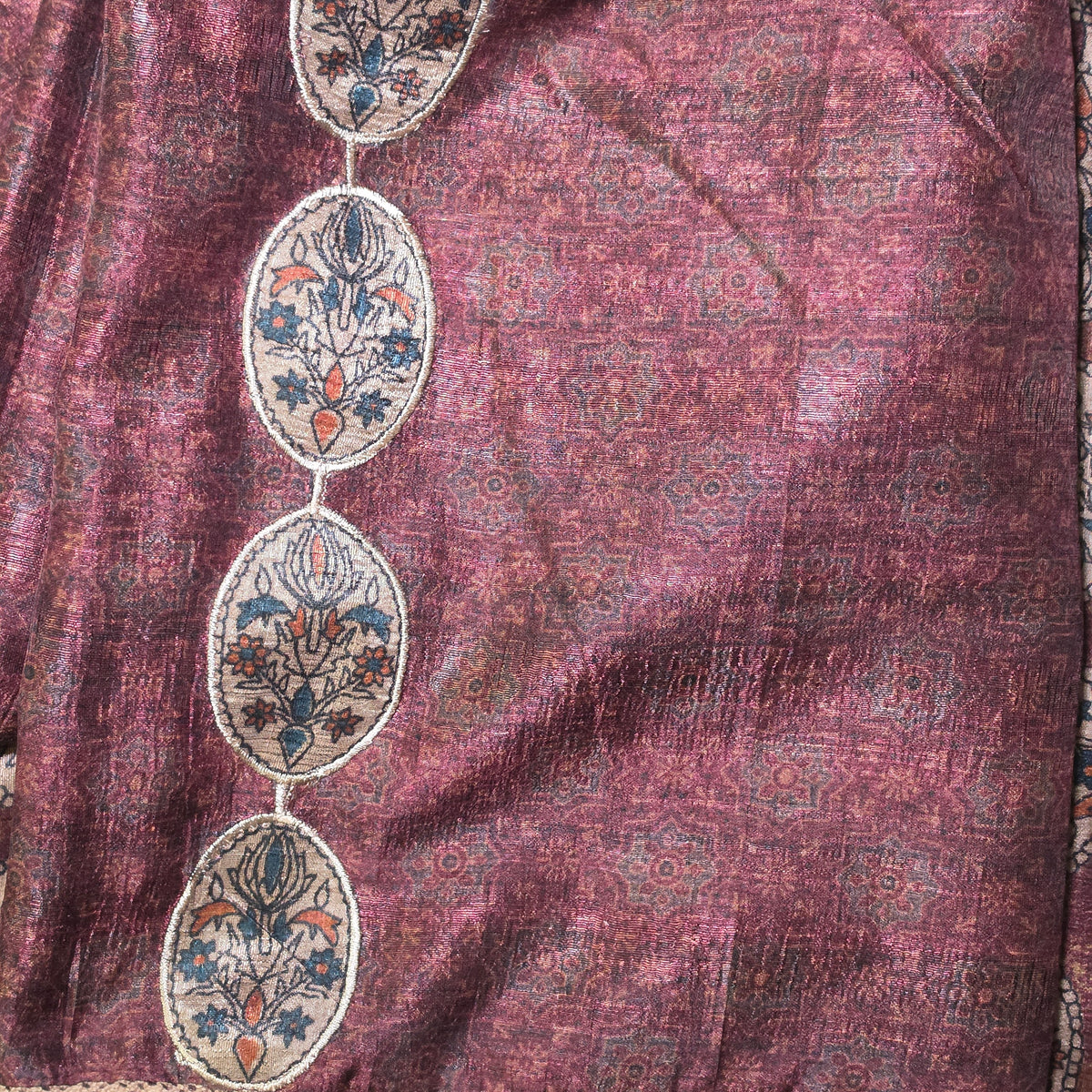 Dark Pink Semi Raw silk side panel applique work with Digital print lace dupatta PA25013