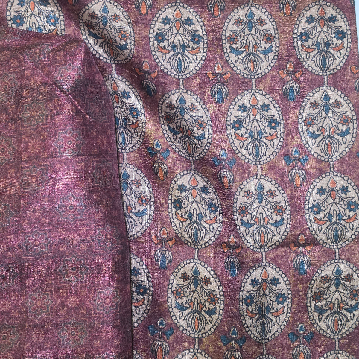 Dark Pink Semi Raw silk side panel applique work with Digital print lace dupatta PA25013