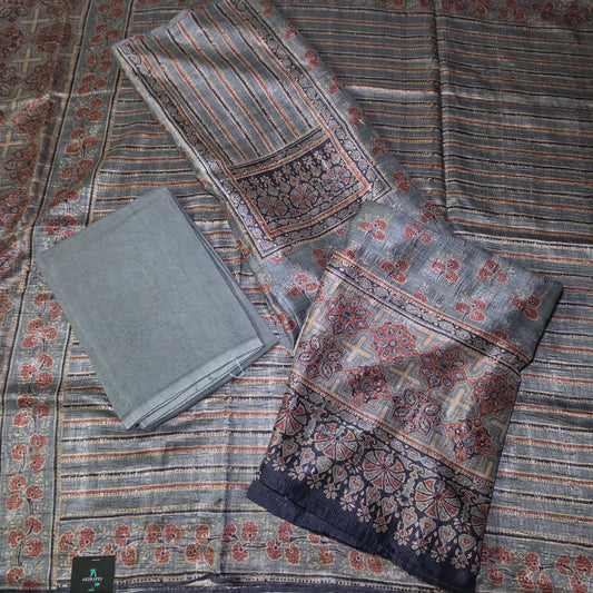 Grey Ajrakh Vegan Raw silk unstitched suits PA25062