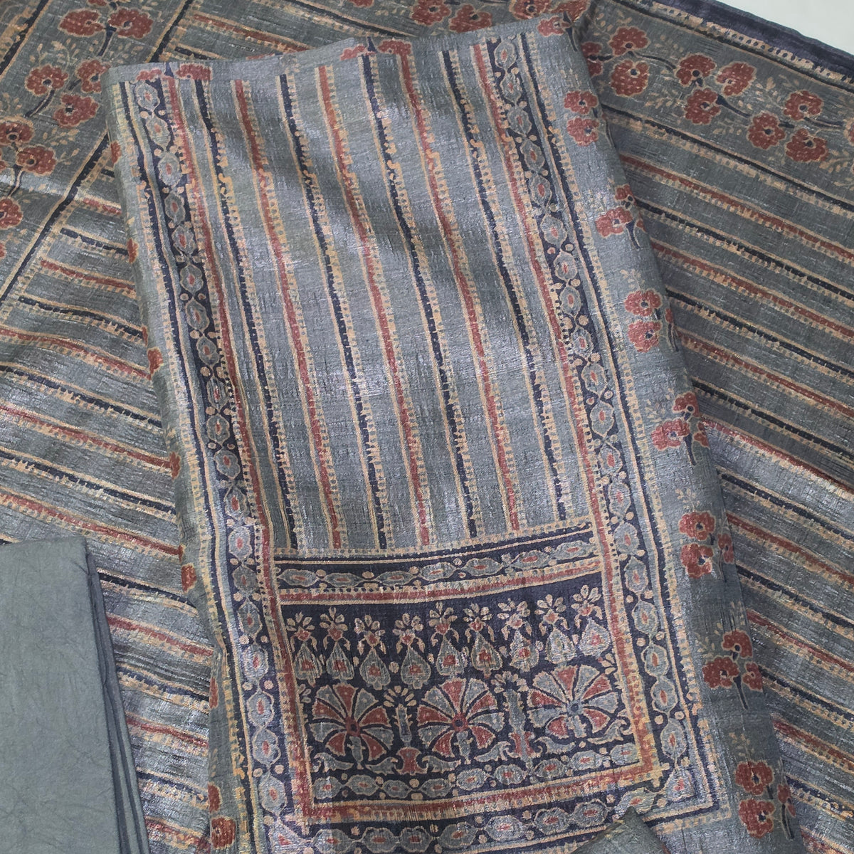 Grey Ajrakh Vegan Raw silk unstitched suits PA25062