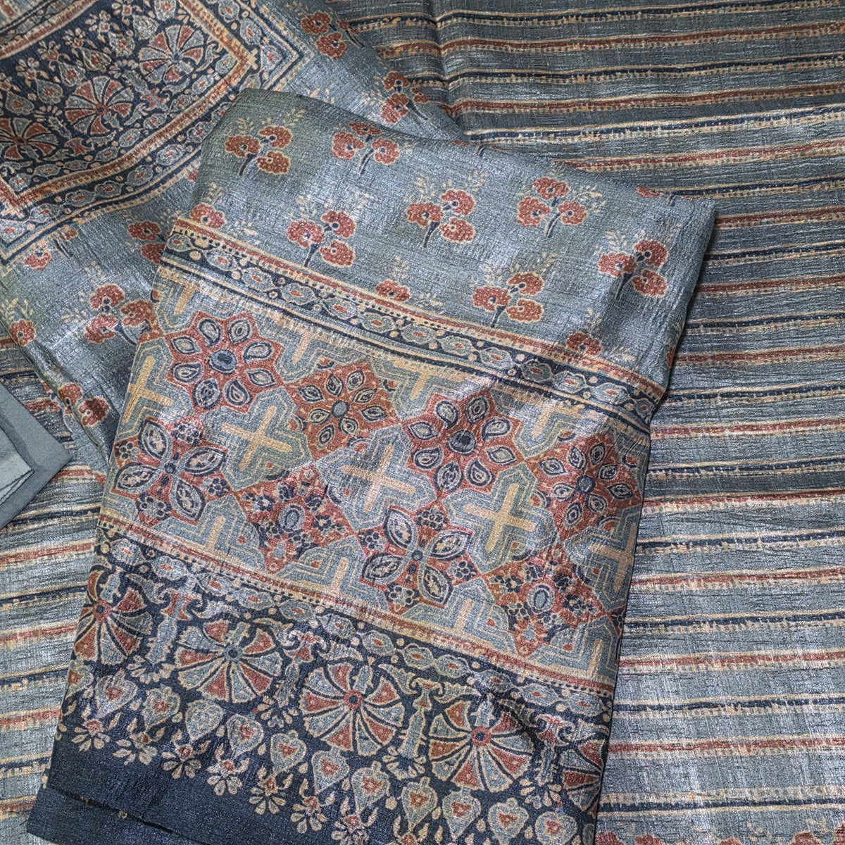 Grey Ajrakh Vegan Raw silk unstitched suits PA25062