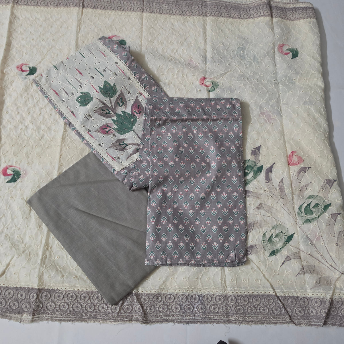 grey Cotton kora neck patch work kora brush paint hand painted dupatta PA25009