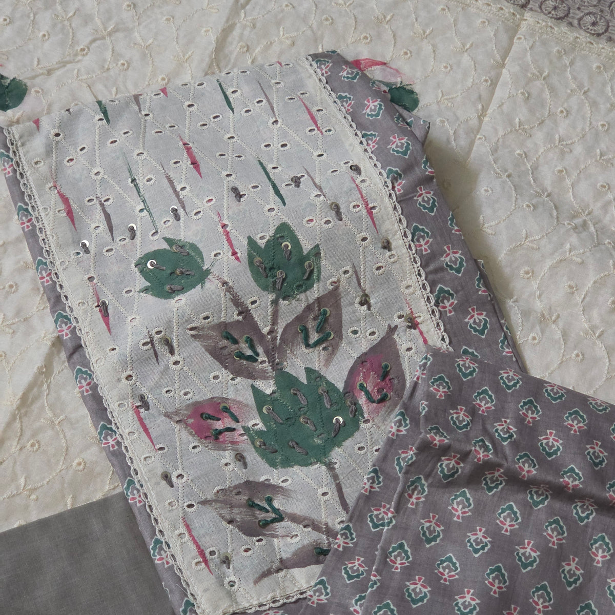 grey Cotton kora neck patch work kora brush paint hand painted dupatta PA25009
