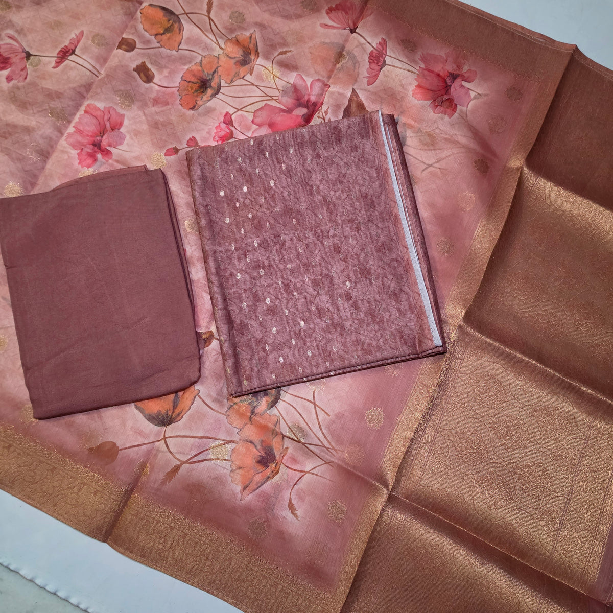 Rust Orange Chanderi Zari weave digital top banarasi dupatta PA25030